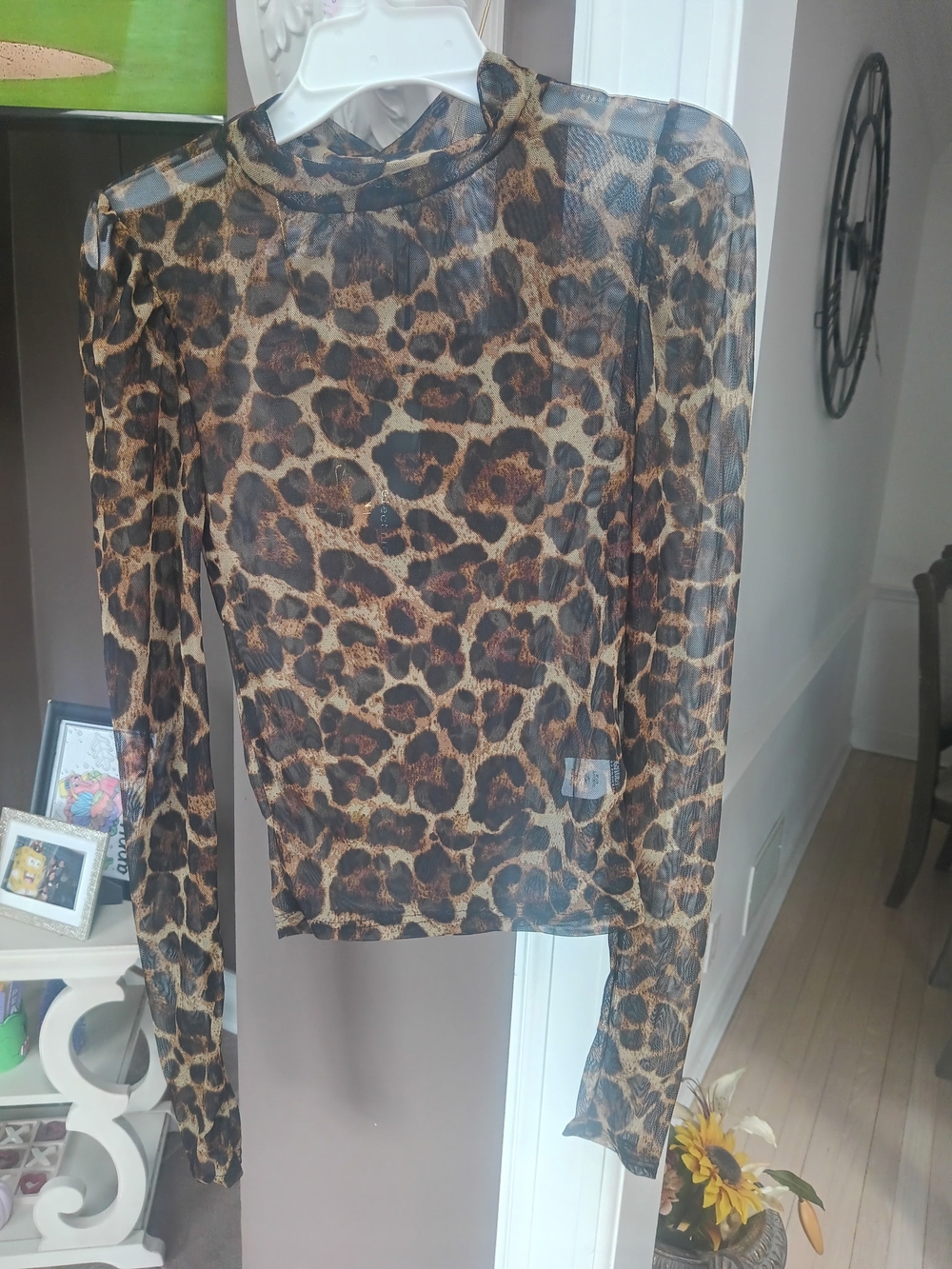 Leopard Print Long-Sleeve Mesh Top - Brown